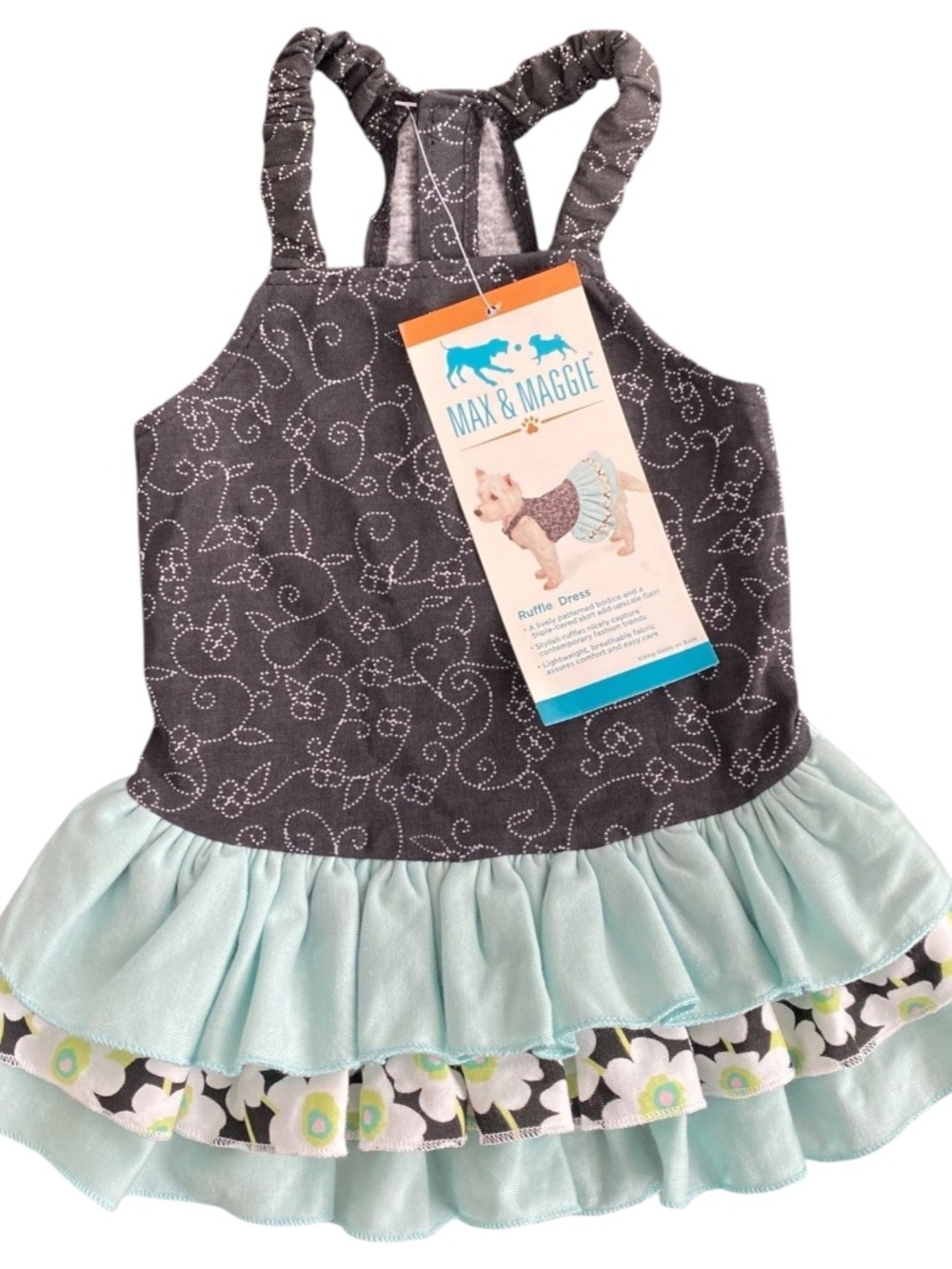 Max & Maggie Floral Ruffle Dog Dress Black/Blue Size S